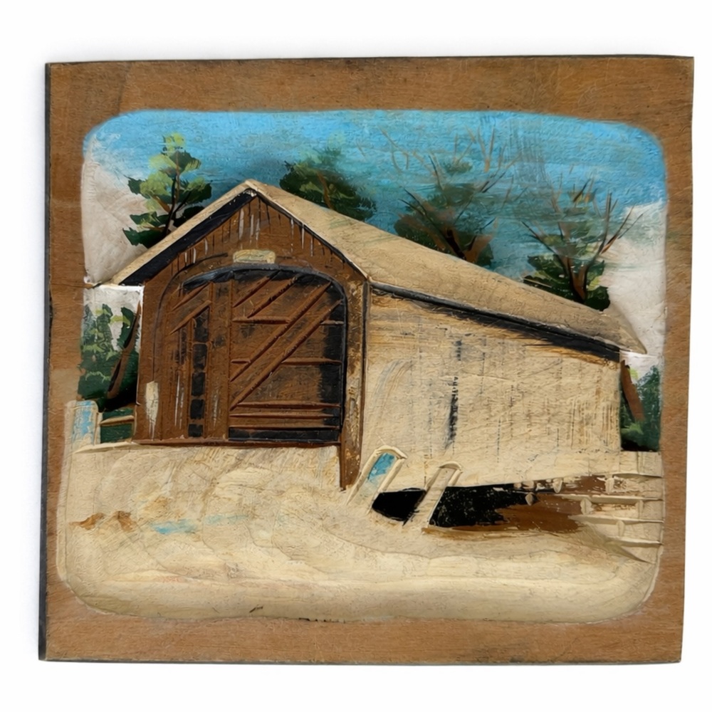 Vintage Wood Carving Bas-Relief Covered Bridge Folk Art